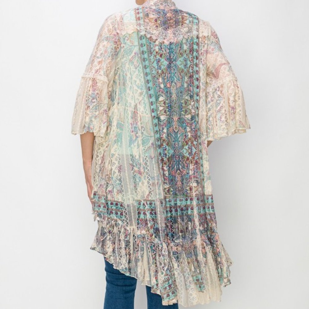 new ORIGAMI TRIBAL TOURQUISE AZTEC BOHO CARDIGAN KIMONO KAFTAN western SM-4X - Picture 4 of 4